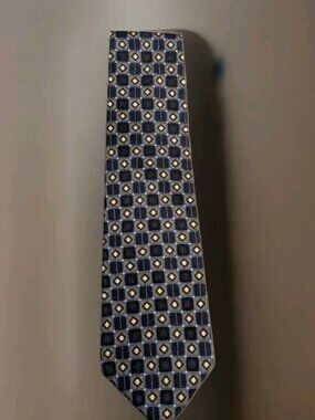 AKA Eddie Bauer Men's Silk Necktie Square Pattern Black Blue Tan